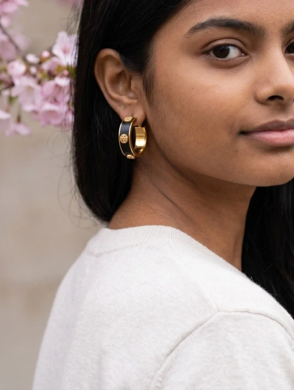 Tory Burch Gold & Black Logo Accent Hoop Earrings